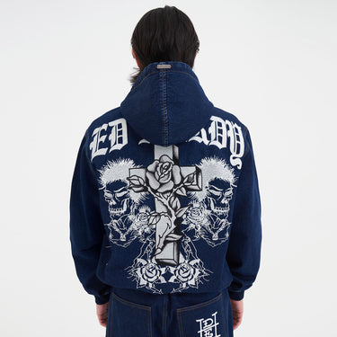 Flaming Cross Denim Zip Hoodie