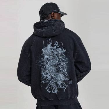 Gothic Flaming Dragon Acid Wash Relaxed Hoodie